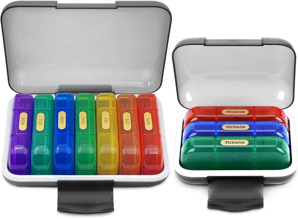 [ 2 PACK ] YUSHAN Organizer 3 Times a Day + Petite Blue, 2 Pill Box Contains 10 Cute Medicine Organizer, Free to Combine Them