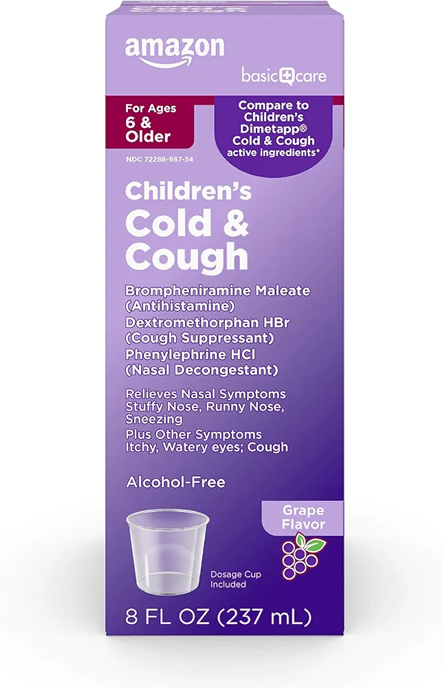 Amazon Basic Care Children's Cold and Cough Relief DM Medicine, Soothes Cough, Relieves Allergy Symptoms, Red Grape Flavor Liquid, Syrup, 8 fl oz (Pack of 1)