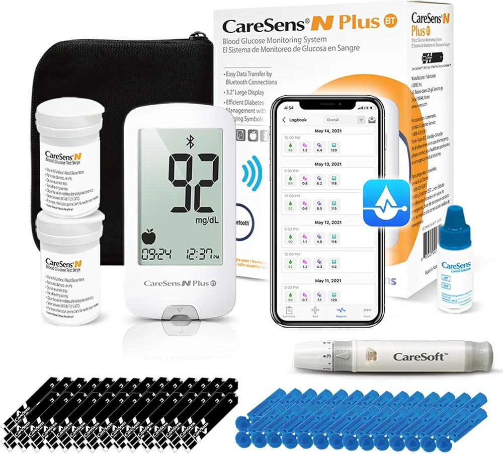 CareSens N Plus Bluetooth Blood Glucose Monitor Kit - 100 Test Strips, Lancets, Meter, Lancing Device, Travel Case, Control Solution