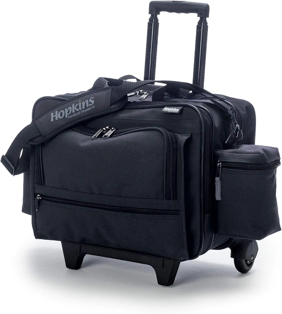 Hopkins Medical Products Rolling Med Bag with EZ-View: Waterproof, Ultimate Mobility for Healthcare Pros, 39.5" Handle, 16" x 3" x 12", Black