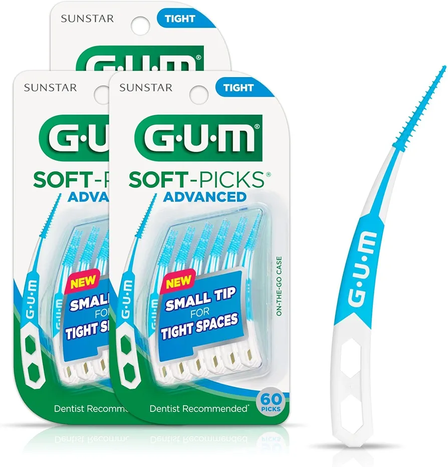 GUM Soft-Picks Advanced- Tight, Easy to Use Dental Picks for Teeth Cleaning and Gum Health, Disposable Interdental Brushes with Convenient Carry Case, Dentist Recommended Dental Picks, 60ct(3pk)