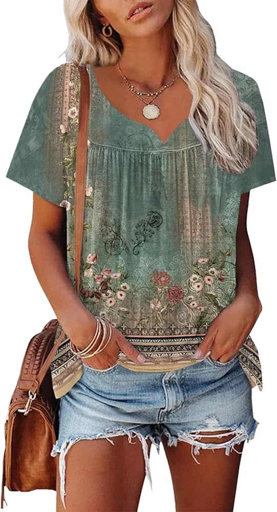 Summer Tops for Women 2024 Trendy Boho Floral Tank Top House Short Sleeve Shirts Loose Fit Basic Casual Dressy Tops