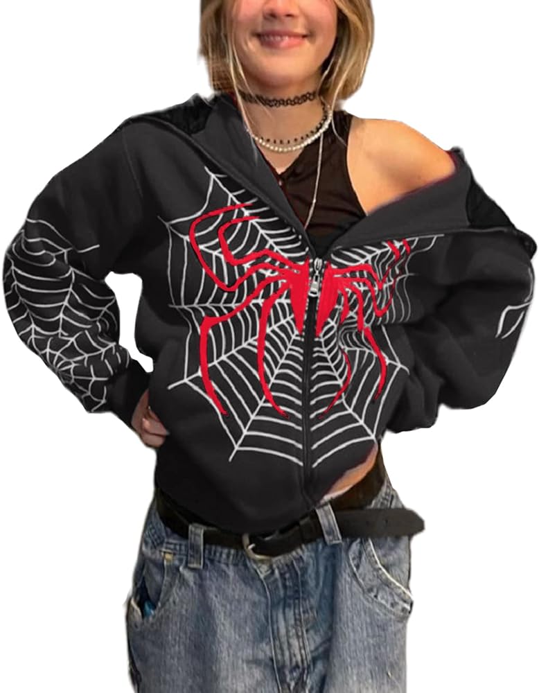 Women Men Gothic Graphic Printed Hoodies Y2K Zip Up Jacket Oversized Casual Grunge Streetwear