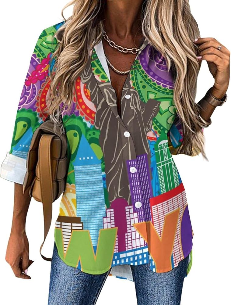 New York City Skyline Blouses for Women Hawaiian Button Down Long Sleeve Shirts Tees Tops