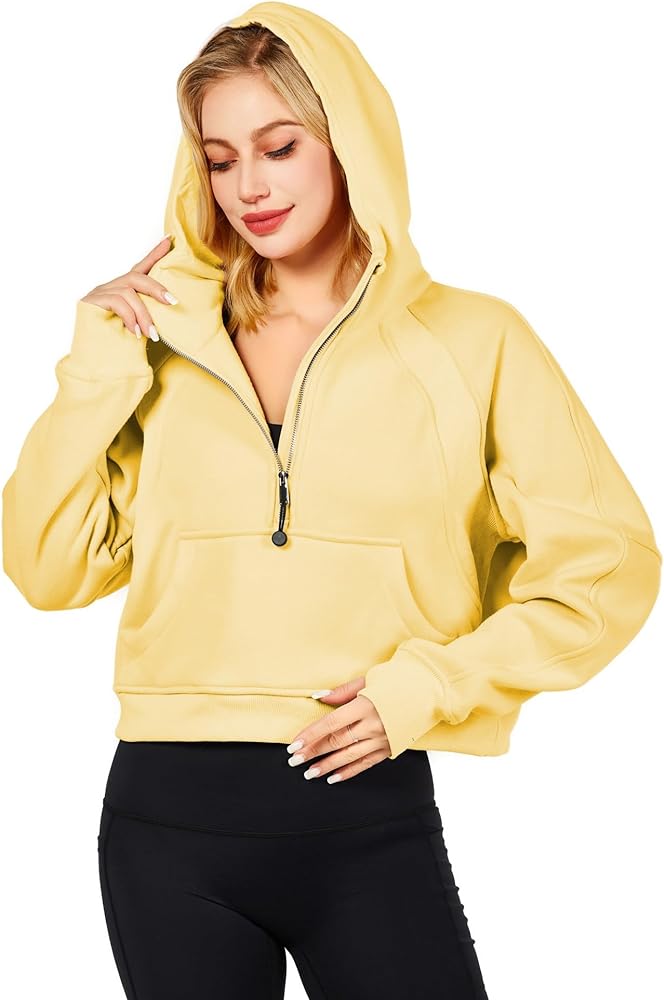 Workout Hoodies for Women Half Zip Fleece Lined Pullover Long Sleeve Crop Tops Sweater Thumb Hole