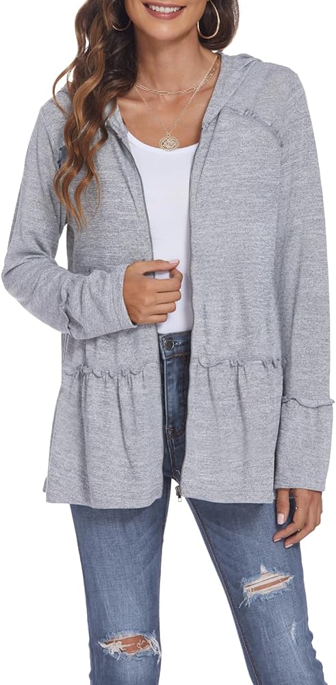 DEESHA Plus Size Zip Up Hoodie for curvy Women Spring Ruffle Hooded Sweatshirts Jacket Cardigans Lightweight