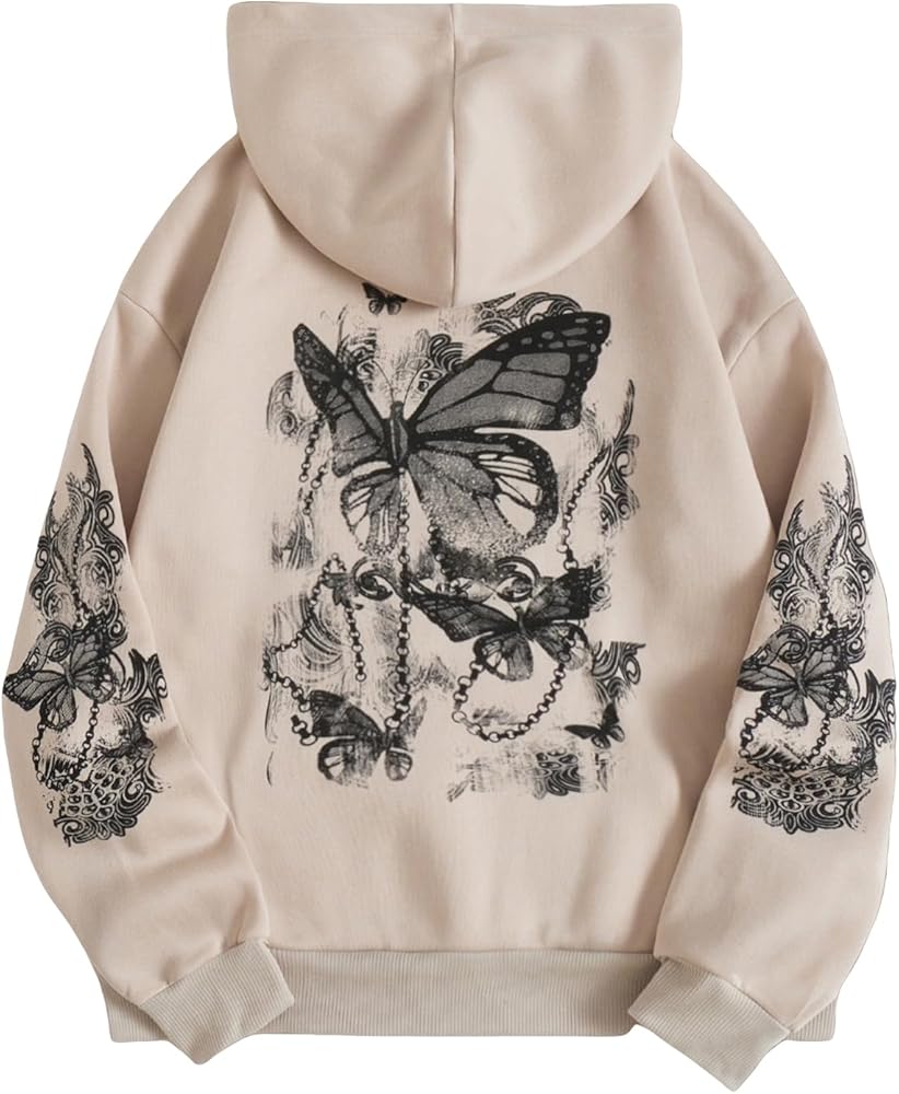 SOLY HUX Women's Graphic Hoodies Butterfly Print Long Sleeve Drawstring Pocket Sweatshirt Pullover Tops