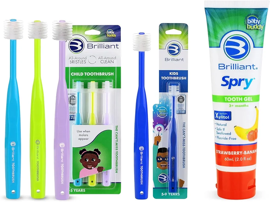 Brilliant Oral Care Bundle; 3 Pack of Child Toothbrush - Blue Lime Lilac, 1 Pack of Kids Toothbrush - Royal Blue with Soft Bristles Round Head, Kids Fluoride Free Toothpaste, Spry Gel with Xylitol