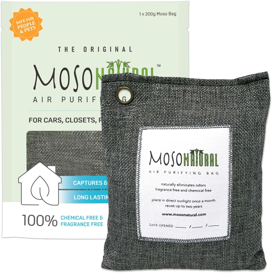 Moso Natural Air Purifying Bag 200g (7.05oz) A Scent Free Odor Eliminator for Cars, Closets, Bathrooms, Pet Areas. Premium Moso Bamboo Charcoal Odor Absorber. Two Year Lifespan! (Charcoal Grey)