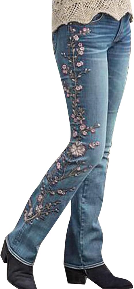 Women Retro Jeans High Waisted with Pocket Slim Fit Boot Cut Jeans for Women Flower Embroidered Jeans Trousers