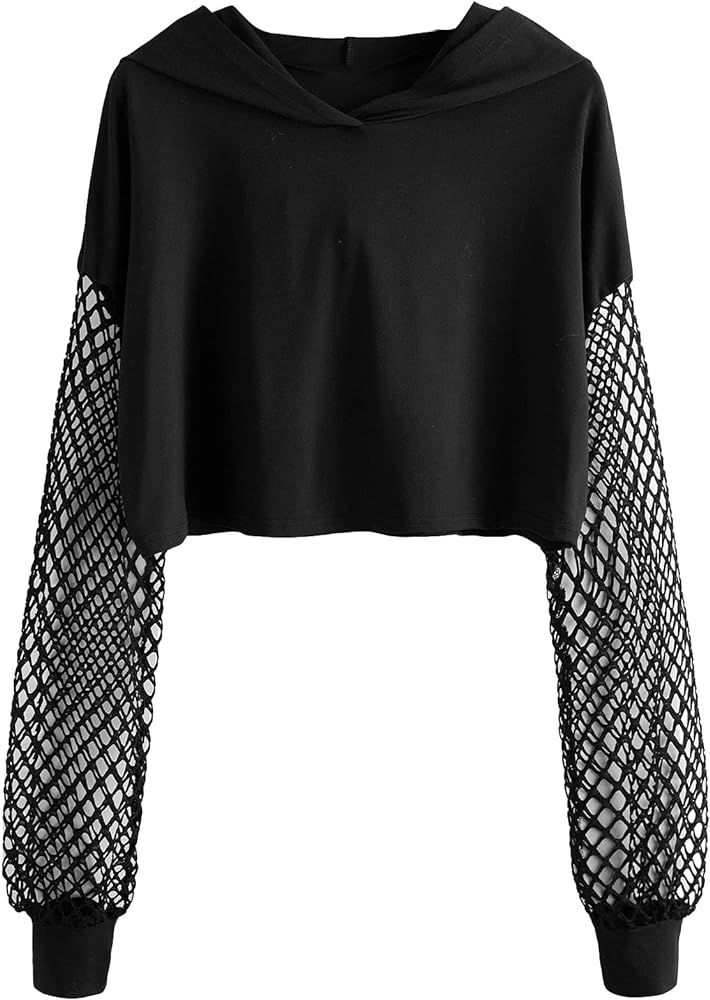 Verdusa Women's Fishnet Crop Hoodie Drop Shoulder Long Sleeve Sweatshirt Pullover