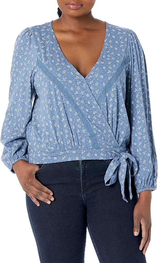 Lucky Brand Womens Long Sleeve Printed Surplice Wrap Top