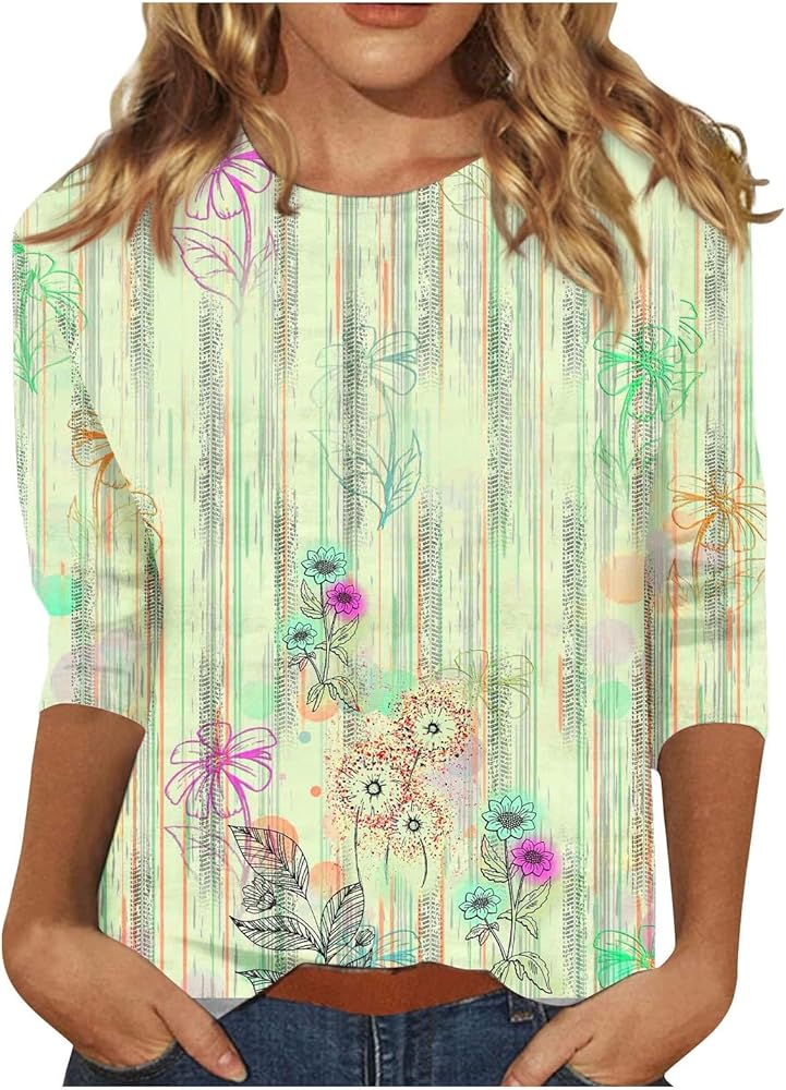 3/4 Length Sleeve Womens Tops Summer 2024 T-Shirts Floral Print Crew Neck Casual Basic Tee Fit Tunic Tops Blouse