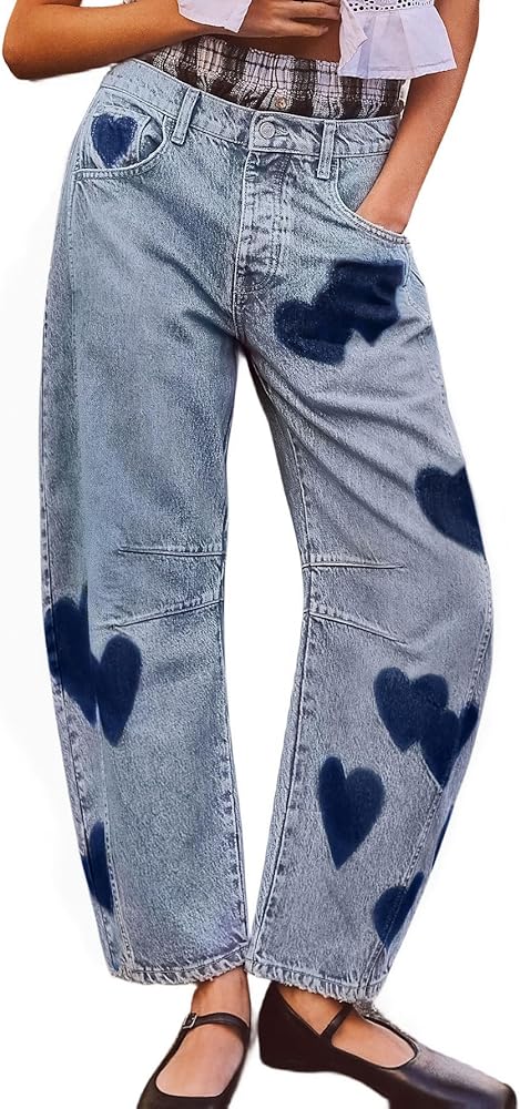 LifeShe Women's Wide Leg Baggy Jeans Low Waist Heart Barrel Jean Loose Boyfriend Denim Pants