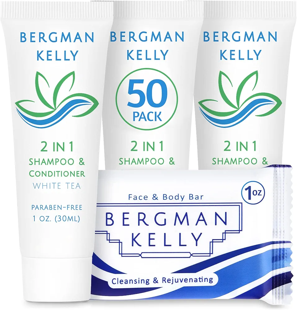 BERGMAN KELLY Rectangle Soap Bars, 2in1 Shampoo & Conditioner 2-Piece Set (White Tea, 1 oz each, 100 pc), Delight Your Guests with Revitalizing & Refreshing Sanitary Toiletries & Hotel Amenities