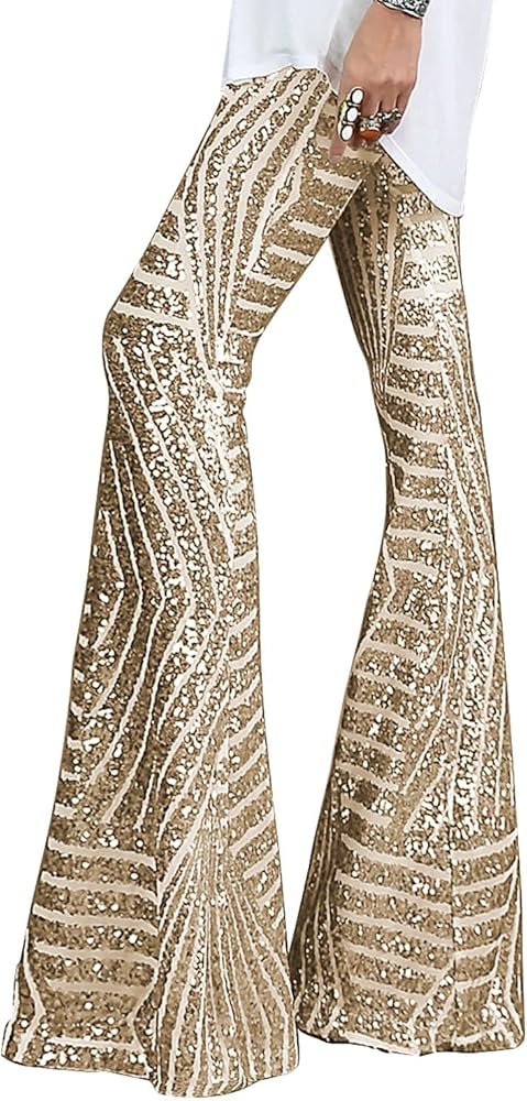 BLENCOT Women's Glitter Sequin Wide Leg Palazzo Pants High Waist Bell Bottoms Party Flared Trousers