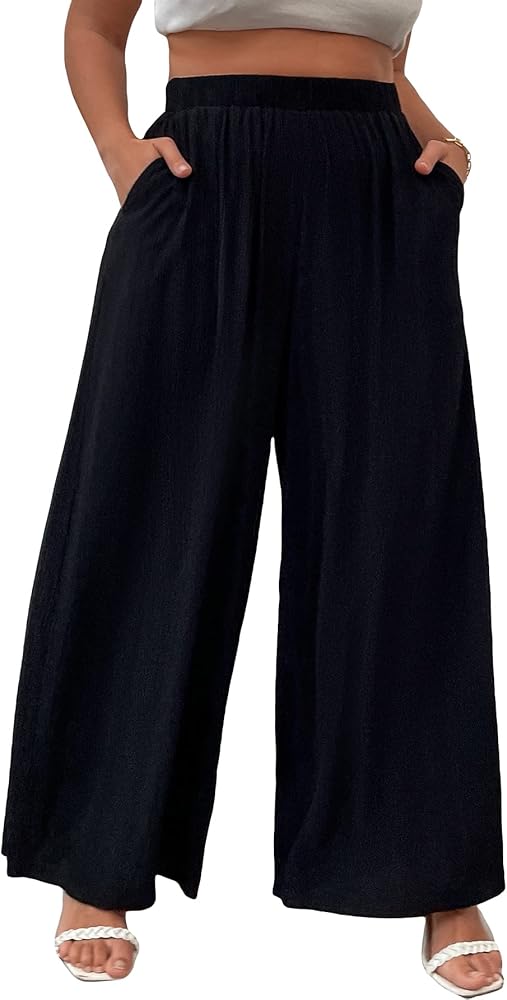 WDIRARA Women's Plus Size Elastic Waist Wide Leg Loose Fit Casual Pants with Pockets