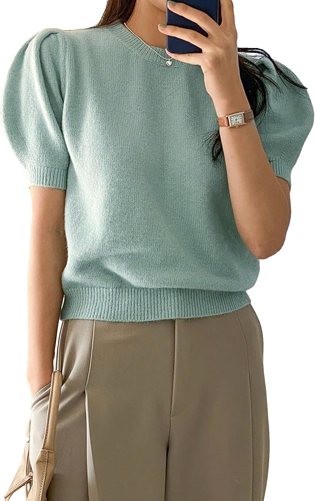 GORGLITTER Women's Short Puff Sleeve Sweater Tops Casual Round Neck Knit Pullovers