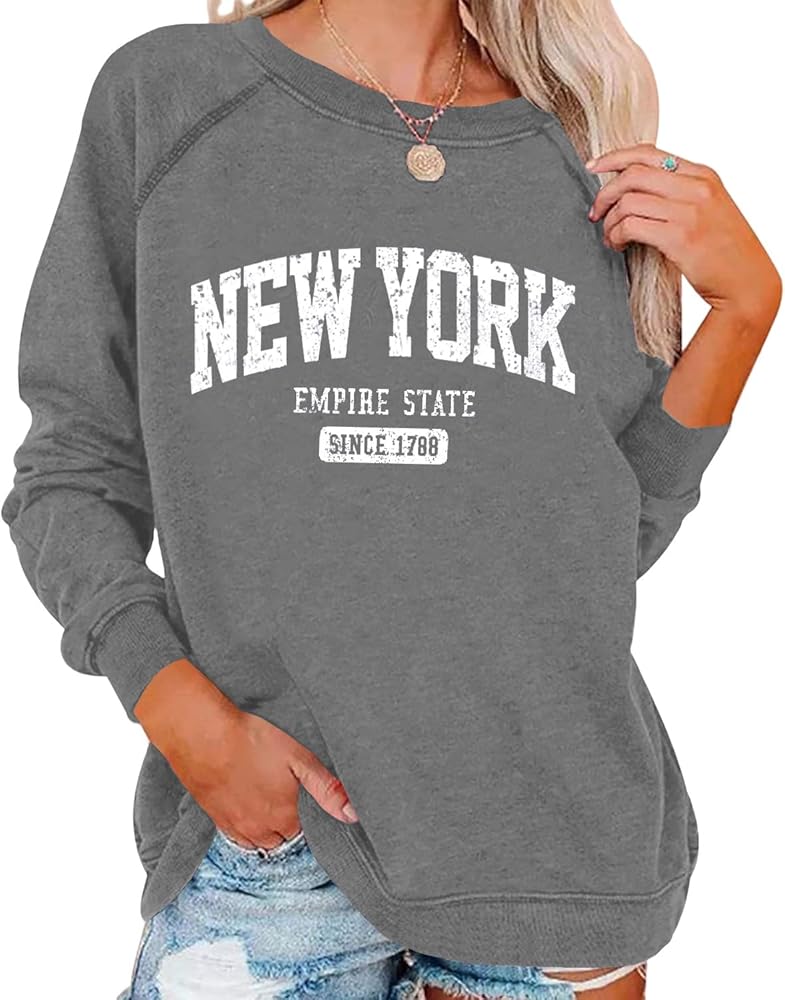 Vdnerjg Women's New York Letter Print Sweatshirt Crewneck Long Sleeve Casual Loose Fit Pullover Shirt