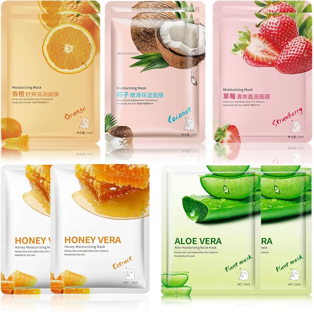 Sheet Masks 10pcs, Face Masks Skincare, Facial Masks With Collagen, Hyaluronic-Acid & Orange Peel Extract, Hydrate, Radiance Boost, Nourish, Purify Skin, Face Mask Sheets For All Skin Types