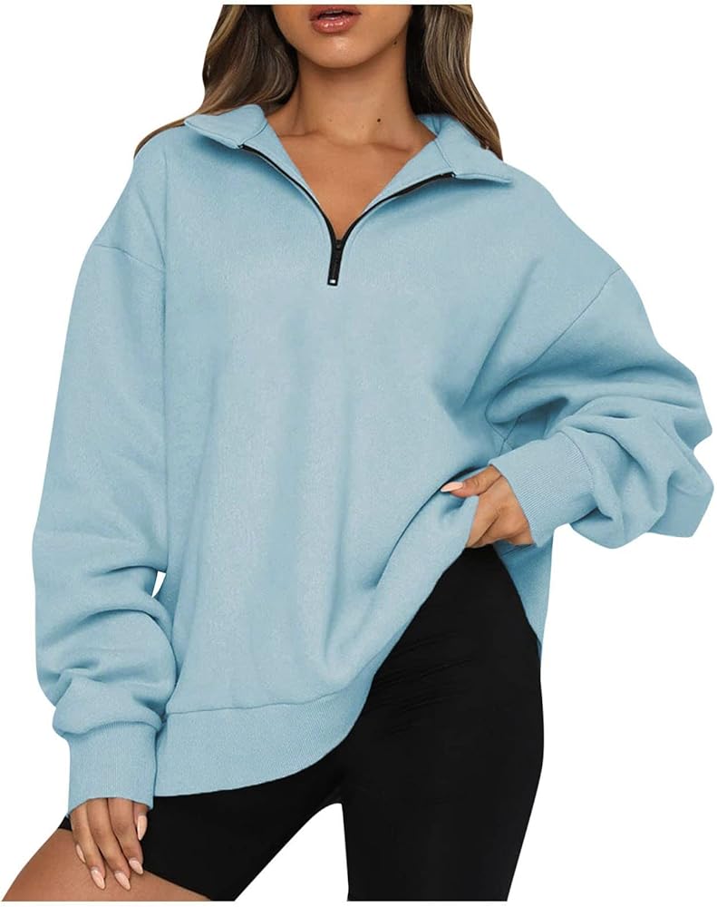 COTECRAM Hoodies for Women 2023 Fall Fashion 1/4 Zip Pullover Oversized Long Sleeve Aesthetic Sweatshirt Plus Size Quarter Zipper Sweatshirts Cute Hoodie Sweater for Teen Girls Y2k(A Sky Blue,Medium)