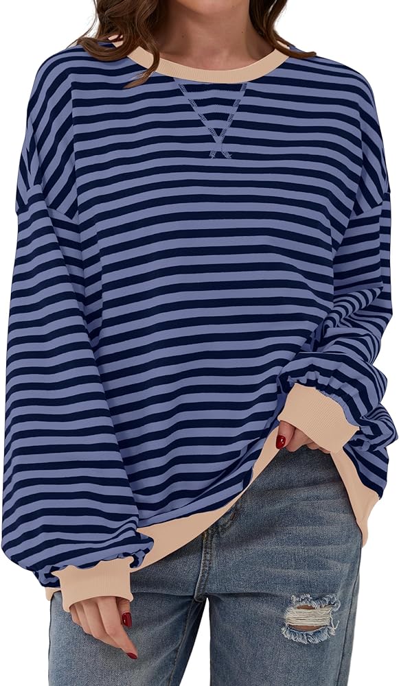 Women Striped Color Block Oversized Sweatshirt Crew Neck Long Sleeve Shirt Pullover Top Casual Loose Fit Sweater