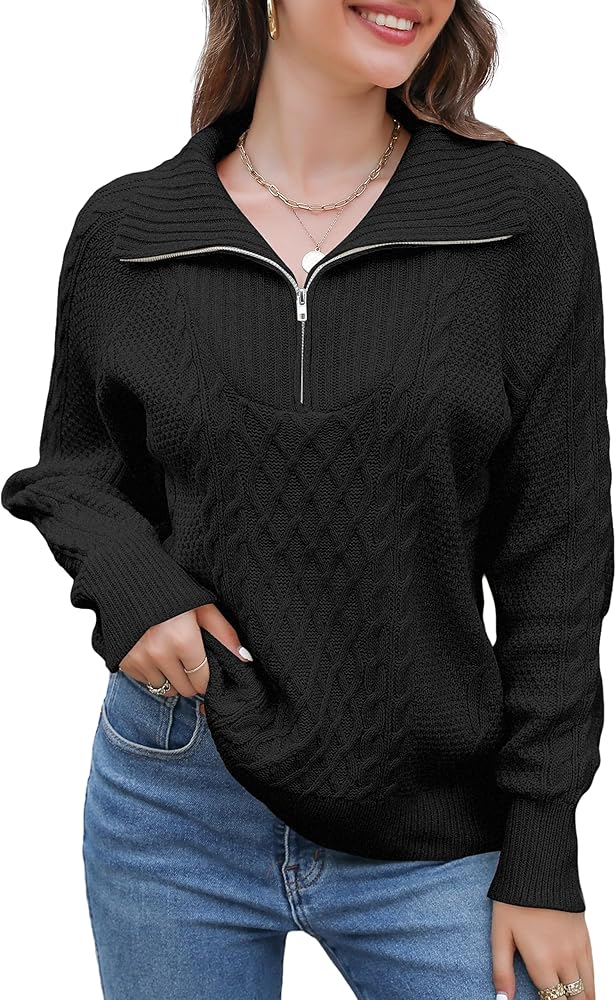 Blooming Jelly Womens Quarter Zip Pullover Sweaters Trendy Cable Knit Chunky Collared Fall Sweater 2023 Ladies Winter Tops