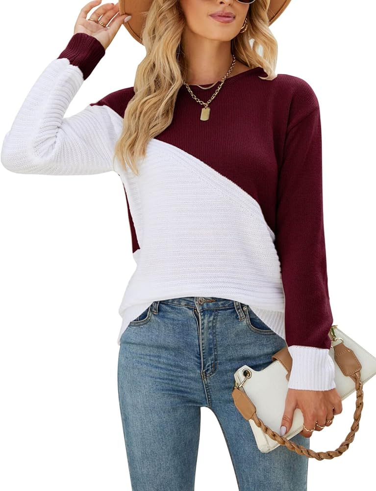 Women's Pullover Sweaters Long Sleeve Crew Neck Colorblock Knitted Casual Sweater