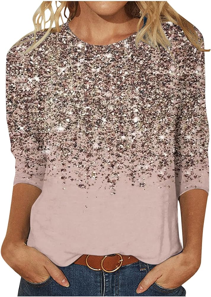 Womens Summer Shirts Dressy Casual Sparkly Sequin 3/4 Sleeve Shirt Loose Crewneck Glitter Blouse Lightweight Pullover