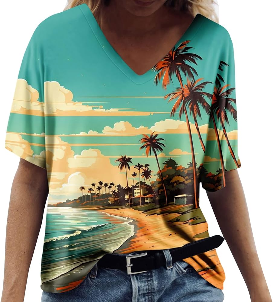 Womens Tops,Women Short Sleeve Casual Summer Watercolor Print Top Loose V Neck Shirt