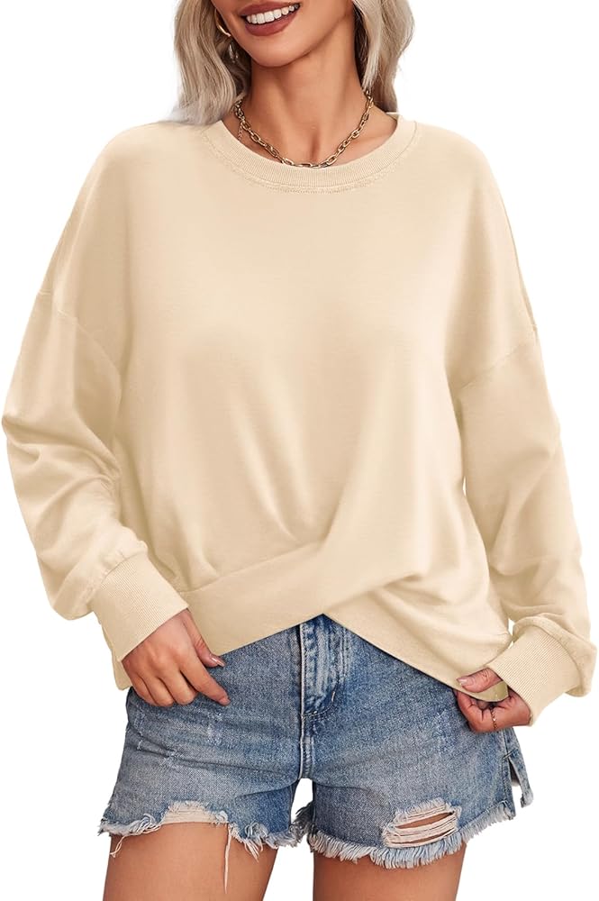 Fisoew Womens Crewneck Sweatshirt Casual Basic Long Sleeve Loose Fit Cross Hem Pullover Tops