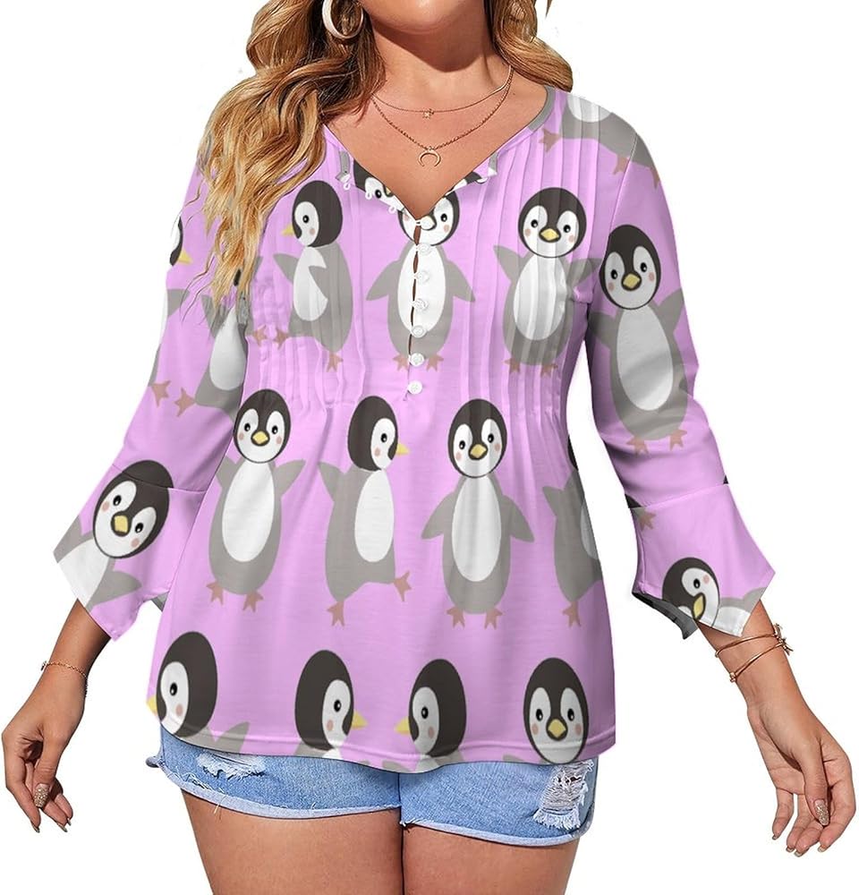 Couple Penguin Cute Womens T-Shirts 3/4 Sleeve Button Down Tee Tops Blouse Summer Beach