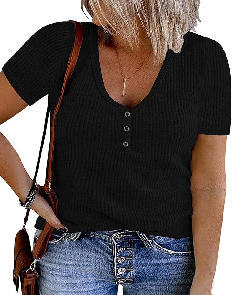 Plus Size V Neck Tank Tops for Women Summer Short Sleeve/Sleeveless Ribbed Button T-Shirts Tops Casual Henley Shirts