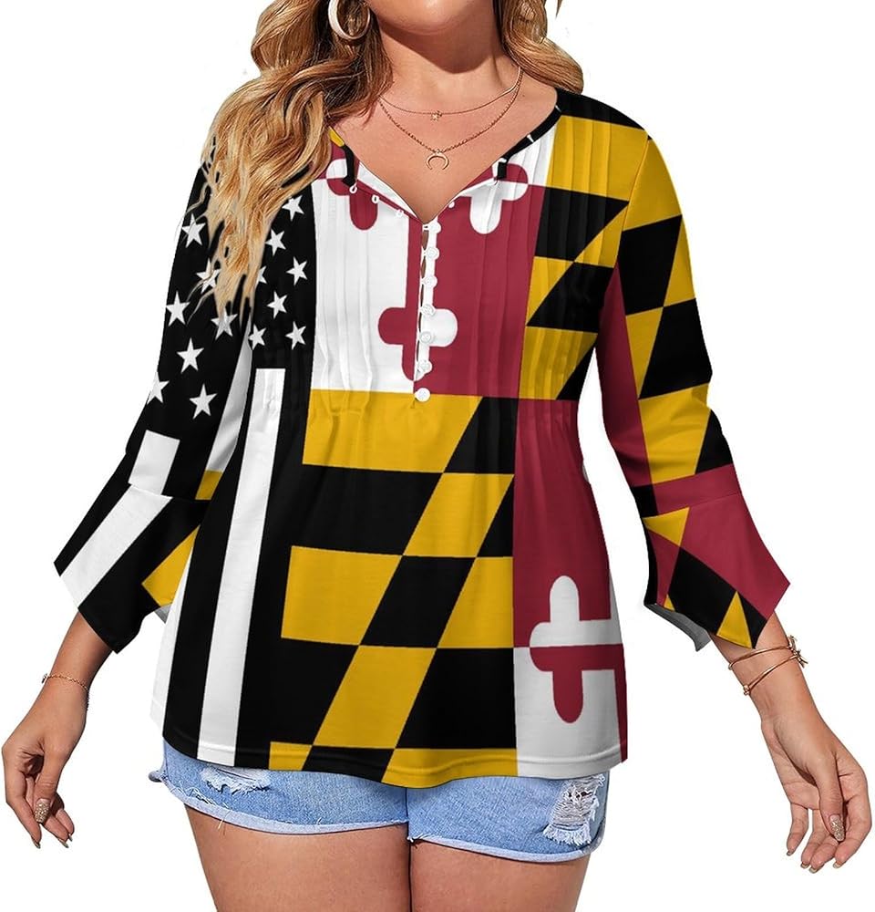 American Maryland Flag Cute Womens T-Shirts 3/4 Sleeve Button Down Tee Tops Blouse Summer Beach