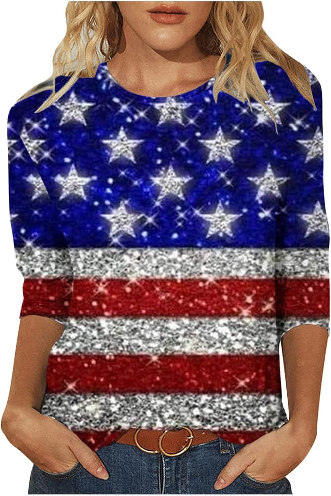 Ceboyel Womens Stars Stripes Sexy Patriotic Shirts Bling 4Th of July Tops 3/4 Sleeve Blouse Tshirts Funny Ladies Outfits