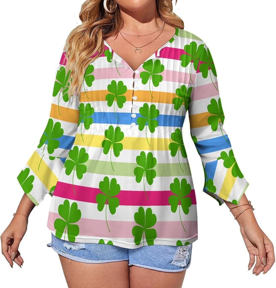 Shamrock Clover Stripes Cute Womens T-Shirts 3/4 Sleeve Button Down Tee Tops Blouse Summer Beach