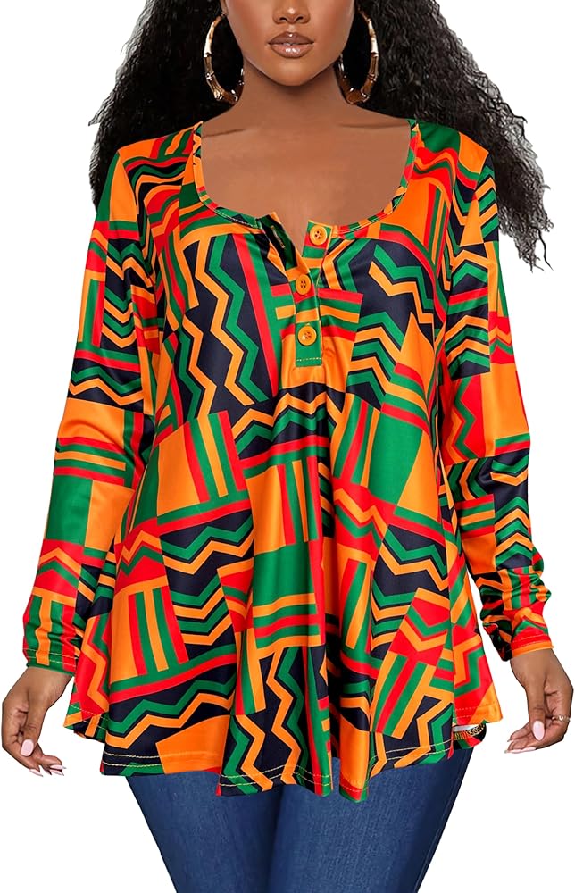 Afibi Women's Long Sleeve Henley T Shirts Button Down Loose Fit Tops Scoop Neck African Dashiki Shirts