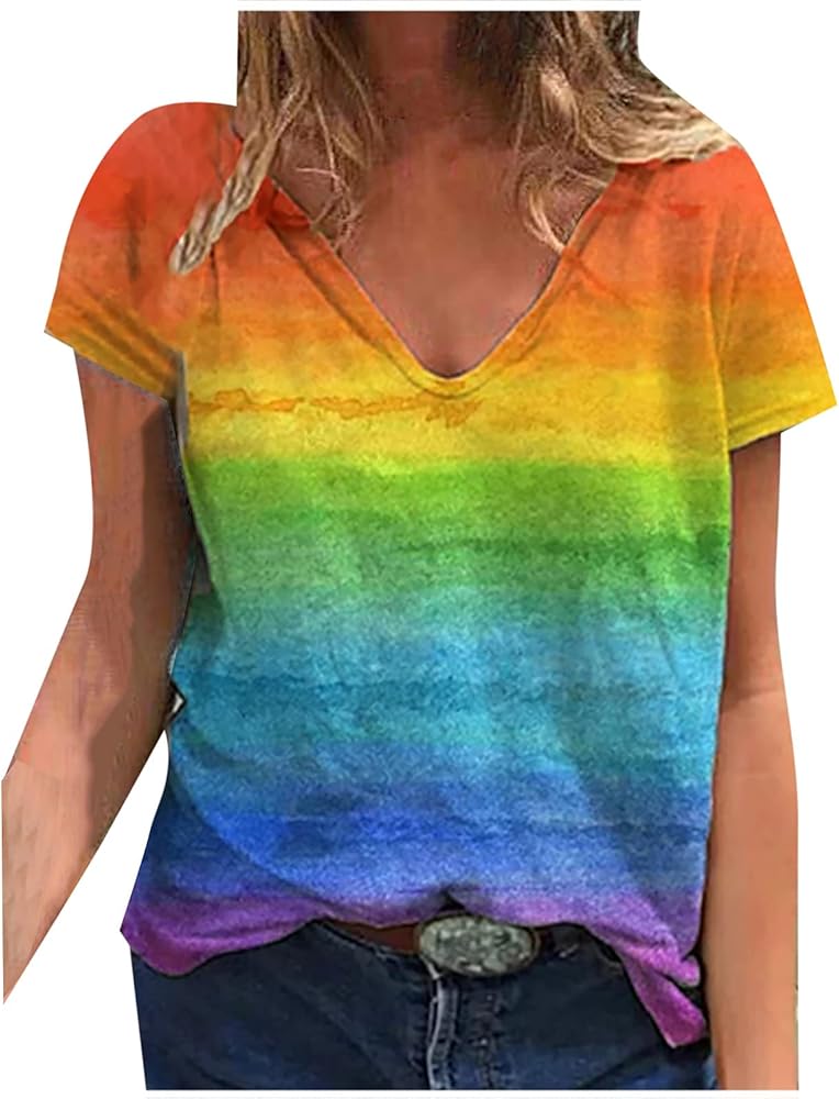 Women Casual Loose Short Sleeve Tshirts Summer Tie Dye Rainbow Gradient Tee Tops V Neck Vintage Print Comfy Blouse