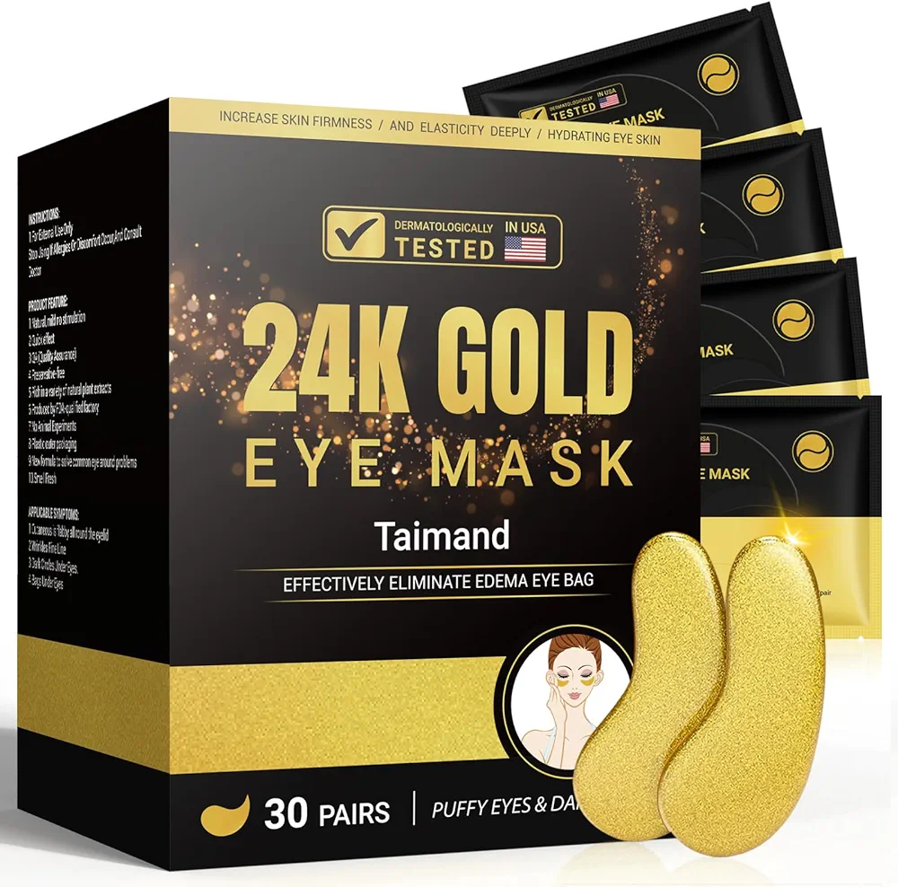 Under Eye Patches (30 Pairs), 24K Gold Under Eye Mask for Puffy Eyes, Dark Circles, Bags and Wrinkles with Collagen, Relieves Pressure and Reduces Wrinkles, Revitalises and Refreshes Your Skin