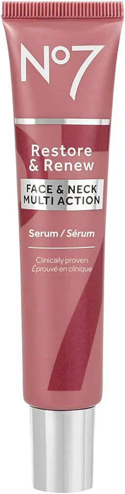 No7 Restore & Renew Multi-Action Face & Neck Serum - Anti Aging Serum for Deep Wrinkle Repair - Collagen Infused Face Serum with a Hydrating Blend of Hibiscus Peptides & Hyaluronic Acid (1 Fl Oz)