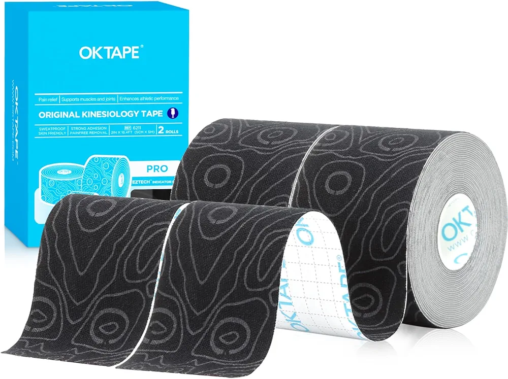 OK TAPE PRO Kinesiology Tape, 2inch x Long Roll 16ft Free Cut Tape, Elastic Athletic Tape Therapeutic Latex Free, 2 Rolls Black+Black