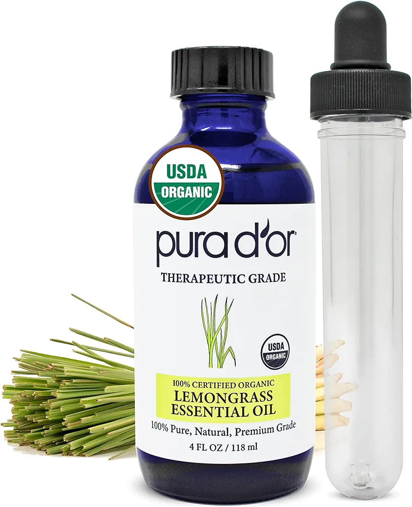 PURA D'OR Organic Lemongrass Essential Oil, 4oz, Therapeutic Grade, for Hair, Body, Skin, Aromatherapy, Relaxation, Massage, Vitality, Home, DIY Soap