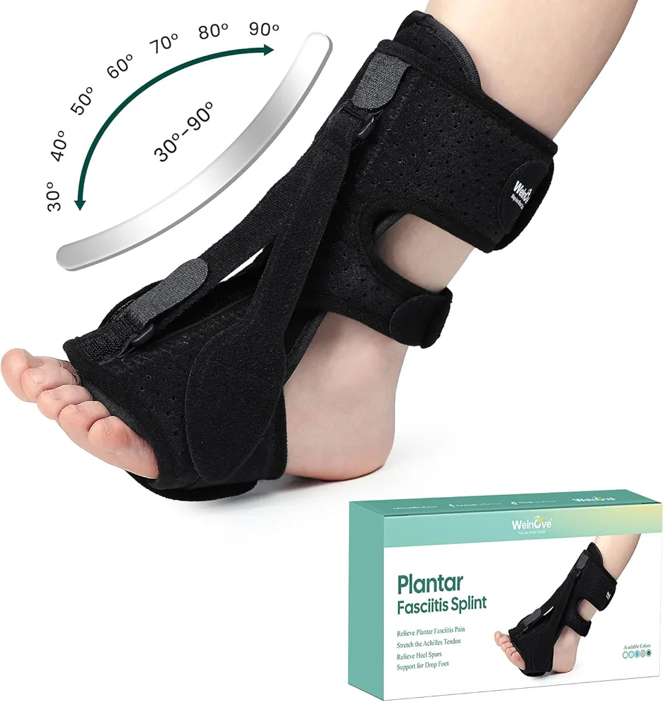 Welnove Plantar Fasciitis Relief Night Splint, Plantar Fasciitis Relief Brace whith 3 Adjustable Straps, Dorsal Night Splint for for Heel Pain, Achilles Tendonitis Foot Drop, Men and Women - Black