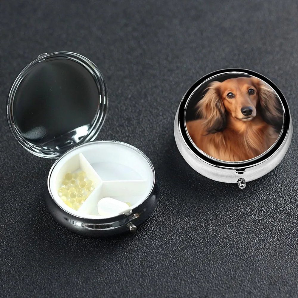 Pill Case Round Pill Box Pill Organize with 3 Compartment Long haired Dachshund Medicine Organizer Box Waterproof Small Pill Case for Travel Metal Pill Containers for Medication Planner