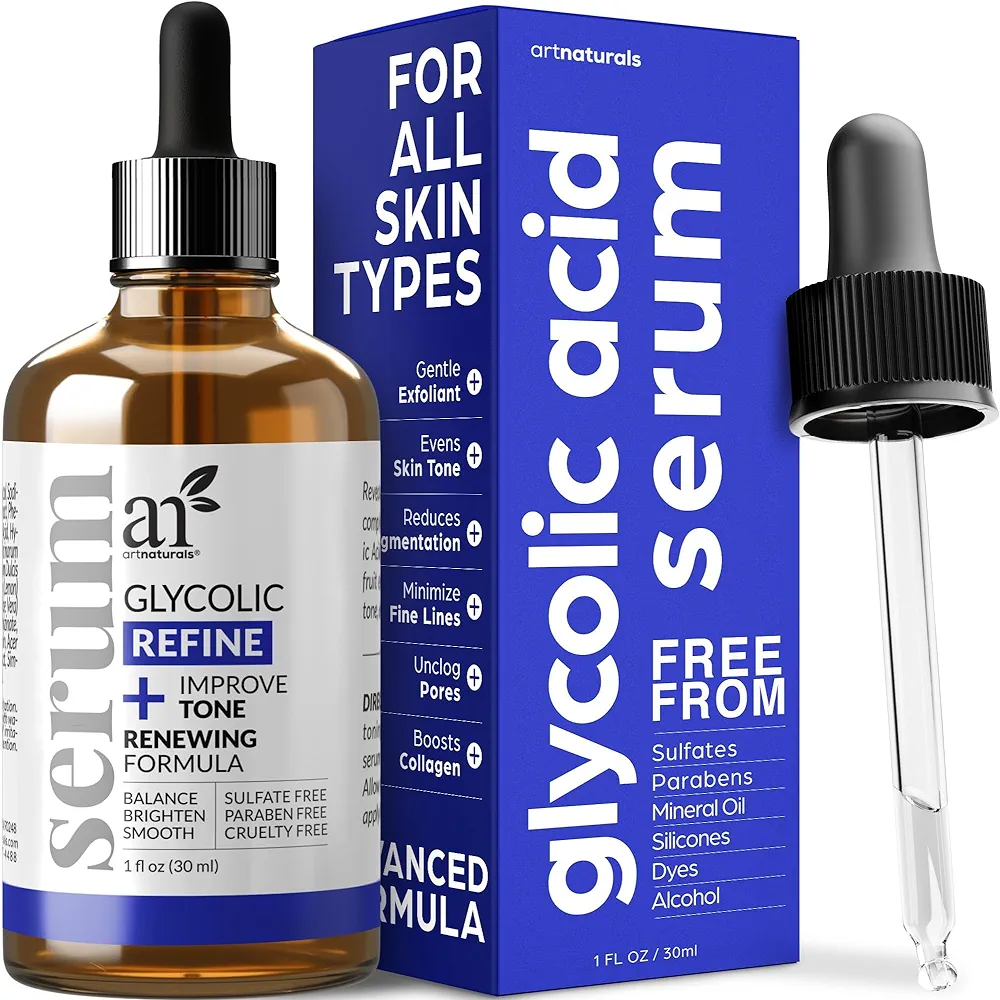 artnaturals Glycolic Serum - Face Serum - Vitamin C and Aloe Vera - Exfoliates and Minimizes Pores, Reduce Acne, Breakouts, and Appearance of Aging and Scars -1 oz.