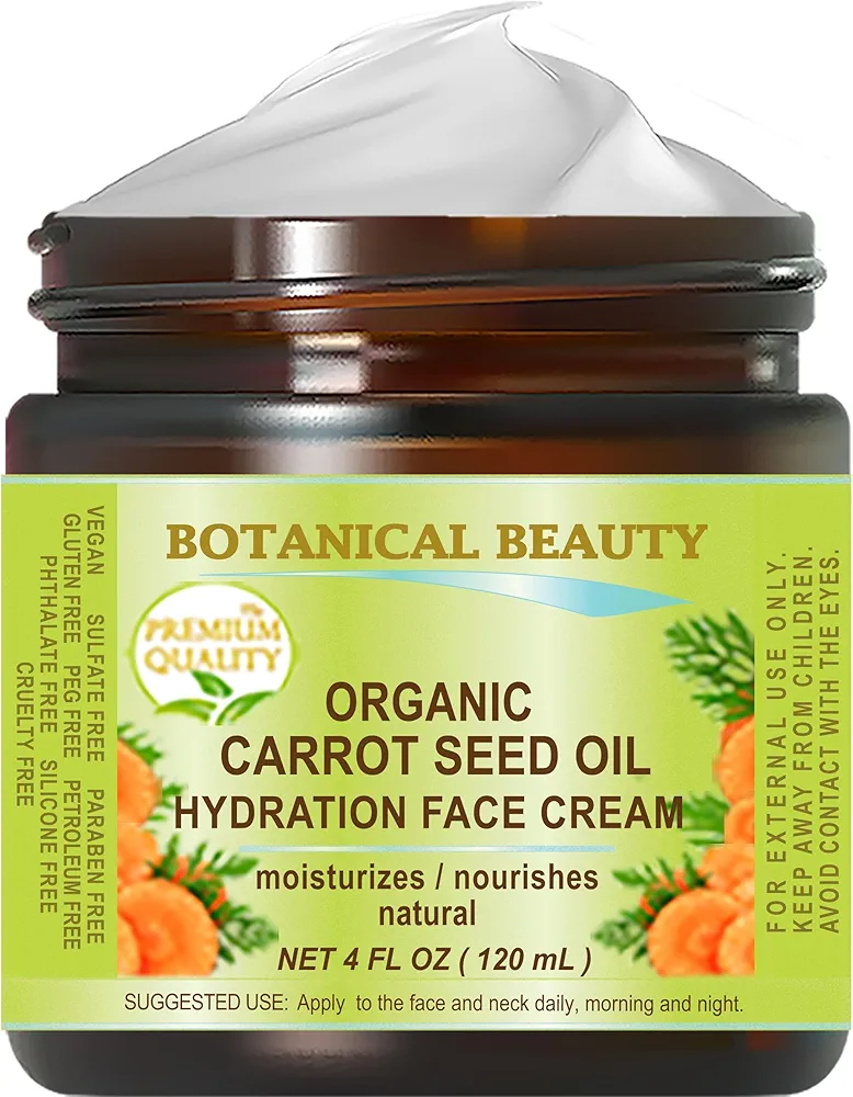 Botanical Beauty Organic CARROT SEED OIL HYDRATION FACE CREAM for NORMAL, DRY, SENSITIVE SKIN. Protection Against DRYNESS. 4 Fl. oz - 120 ml.