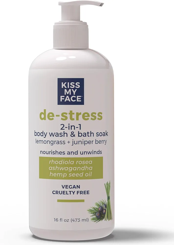 Kiss My Face De-Stress 2-in-1 Body Wash & Bath Soak - Lemongrass + Juniper Berry - Botanical Blend - Vegan and Cruelty Free - With added Rhodiola Rosea, Hemp Seed Oil and Ashwagandha - 16 fl oz Bottle