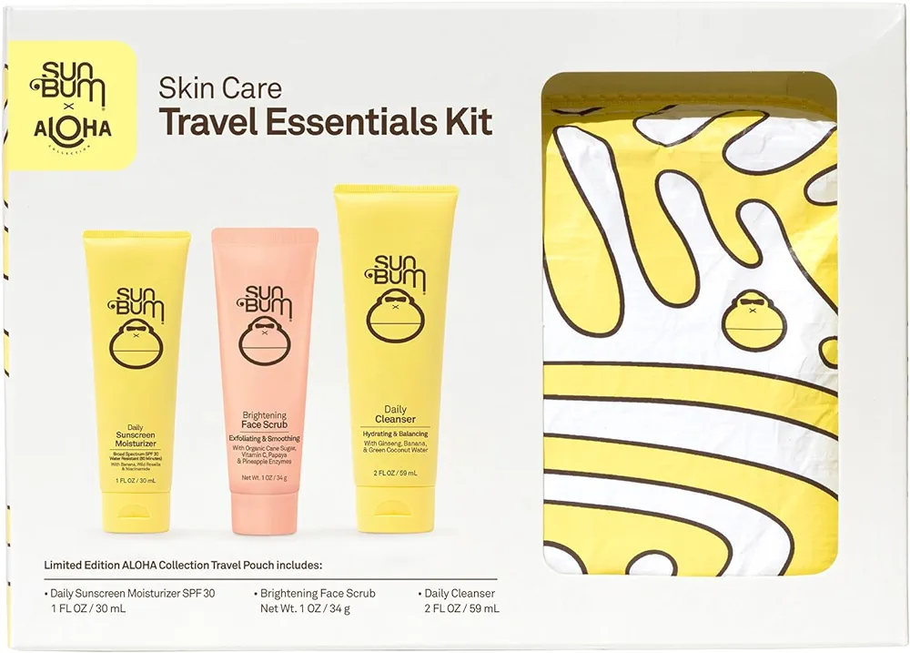 Sun Bum Skin Care Travel Essentials Kit | Cleanse, Brighten, Moisturize, Protect with Daily Cleanser, Brightening Face Scrub, and Daily Sunscreen Moisturizer | Includes Aloha Collection Travel Pouch