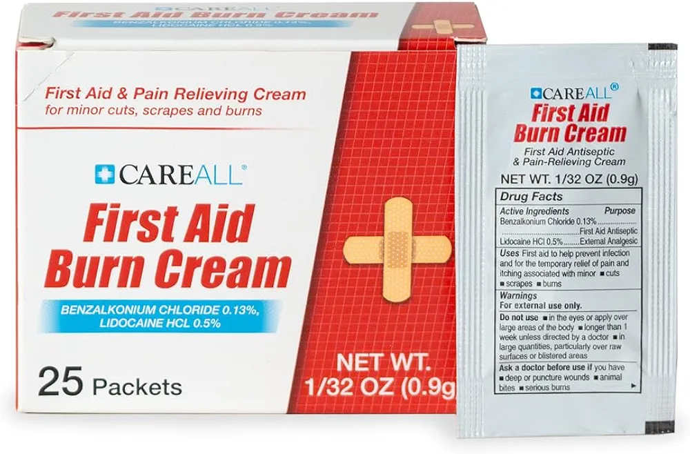 CareALL First Aid Burn Relief Cream 0.9g Packets (Pack of 25) Pain Relieving First Aid Cream for Temporary Relief of Pain from Minor Burns, Cuts, and Scrapes. Prevents Infection