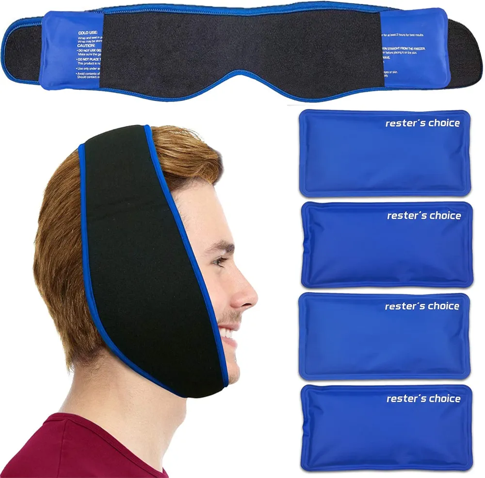 Face Ice Pack - Use as Wisdom Teeth Ice Pack, TMJ Relief Products, Jaw Pain - Hot & Cold Therapy for Chin, Headaches, Post Surgery Treatment - Adjustable Face Wrap Includes 4 Gel Packs